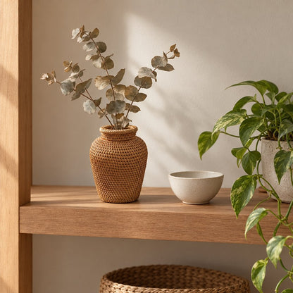 Woven rattan vase with a flared rim holding eucalyptus stems on a wooden shelf beside a white bowl and a trailing green houseplant