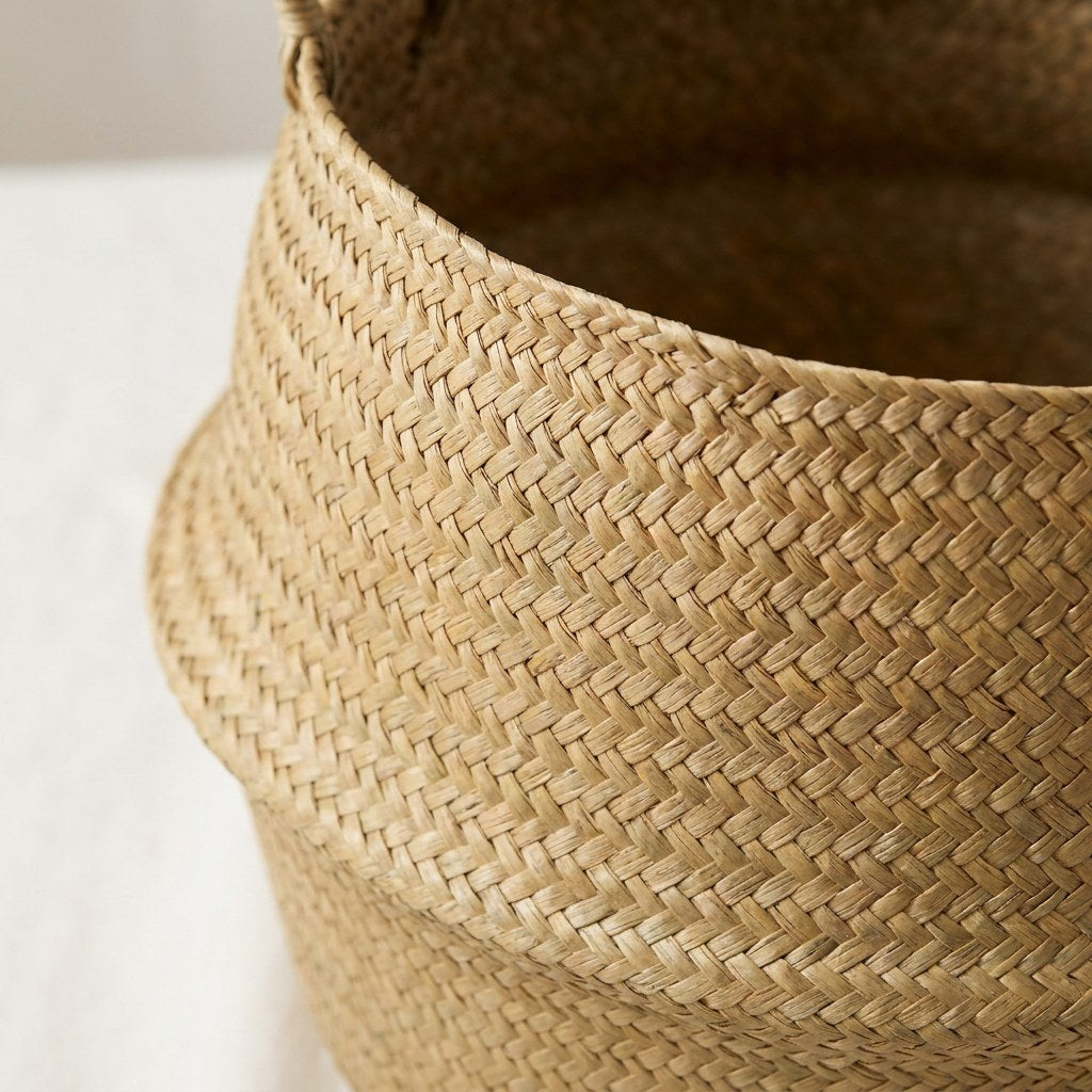 Close-up of the seagrass basket handwoven texture, Kiyo Home