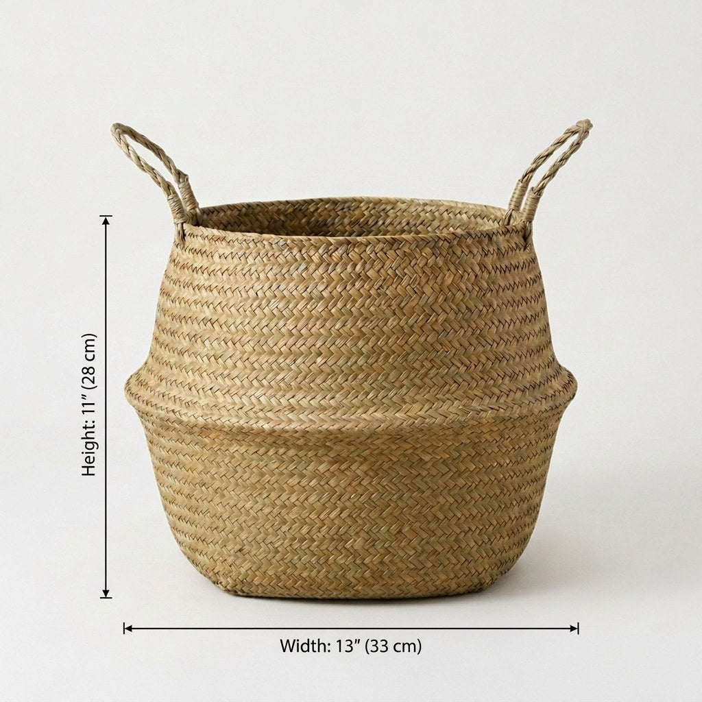 Woven seagrass basket large size dimensions, 11 in / 28 cm high and 13 in / 33 cm wide, Kiyo Home