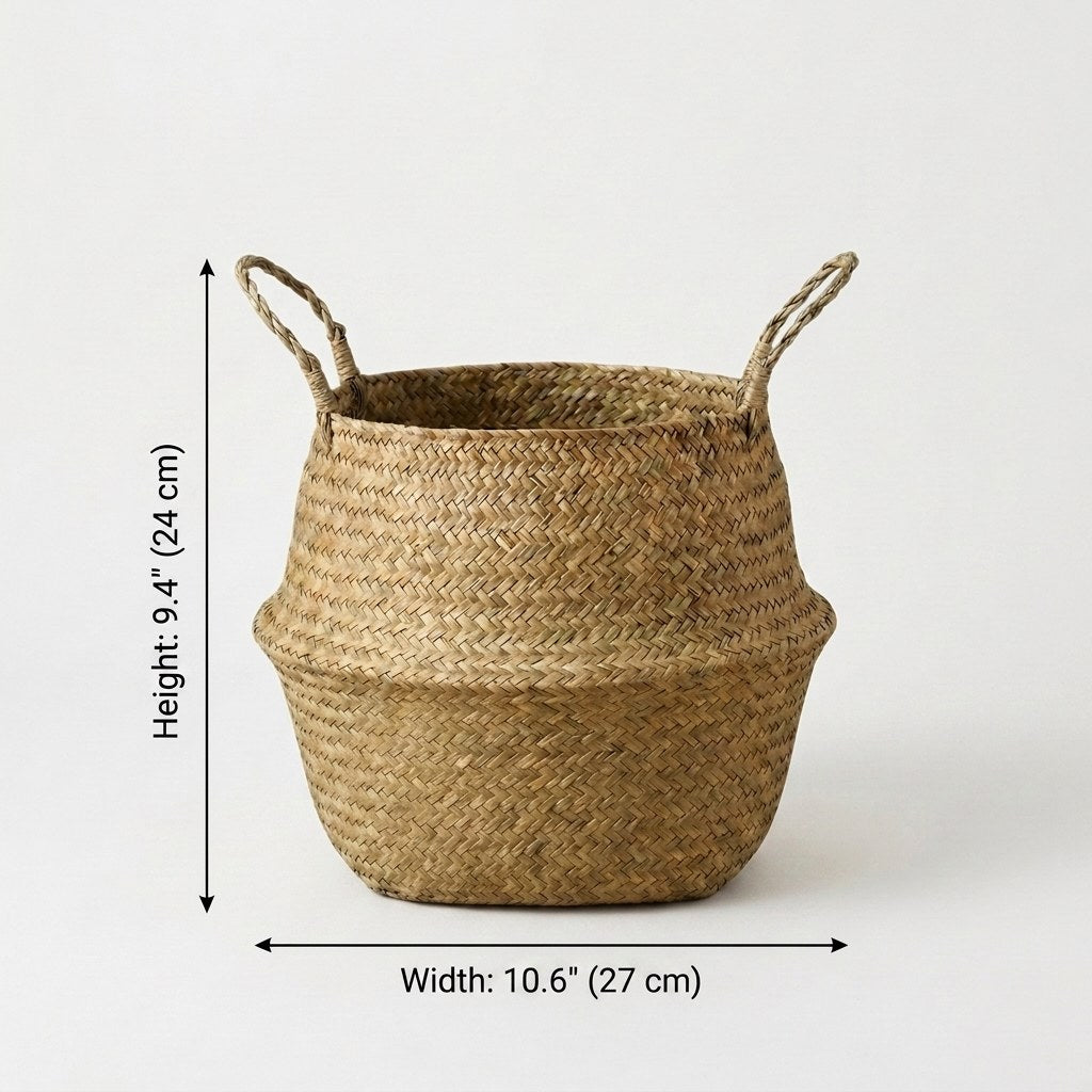 Woven seagrass basket medium size dimensions, 9.4 in / 24 cm high and 10.6 in / 27 cm wide, Kiyo Home
