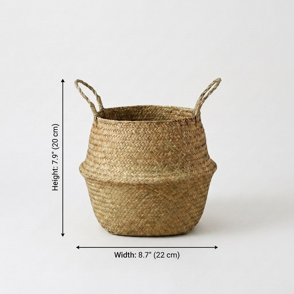 Woven seagrass basket small size dimensions, 7.9 in / 20 cm high and 8.7 in / 22 cm wide, Kiyo Home
