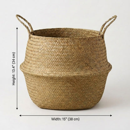 Woven seagrass basket extra-large size dimensions, 13.4 in / 34 cm high and 15 in / 38 cm wide, Kiyo Home