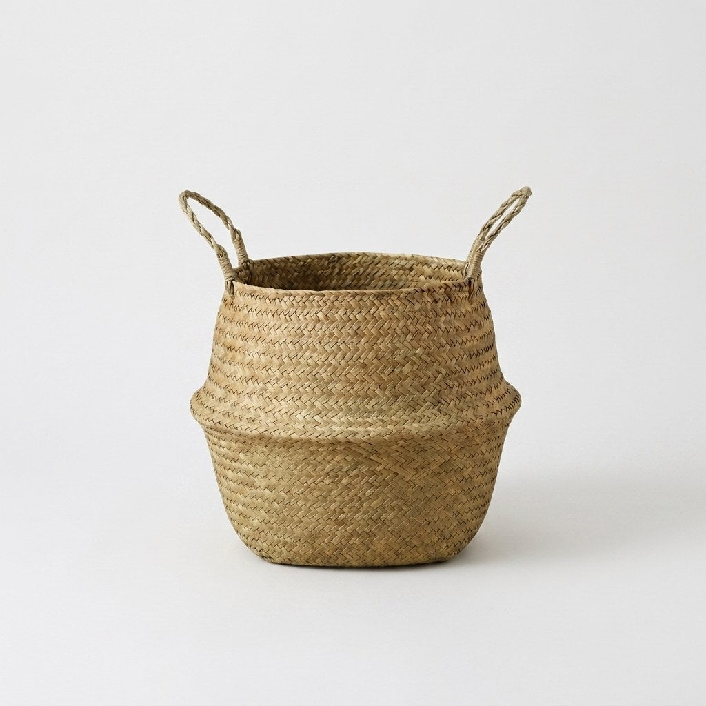Woven seagrass belly basket with handles, handwoven natural storage basket, Kiyo Home