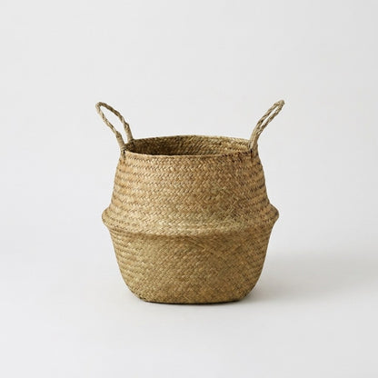 Woven seagrass belly basket with handles, handwoven natural storage basket, Kiyo Home