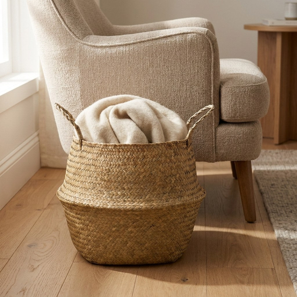 Woven seagrass basket with a throw blanket next to an armchair, Kiyo Home