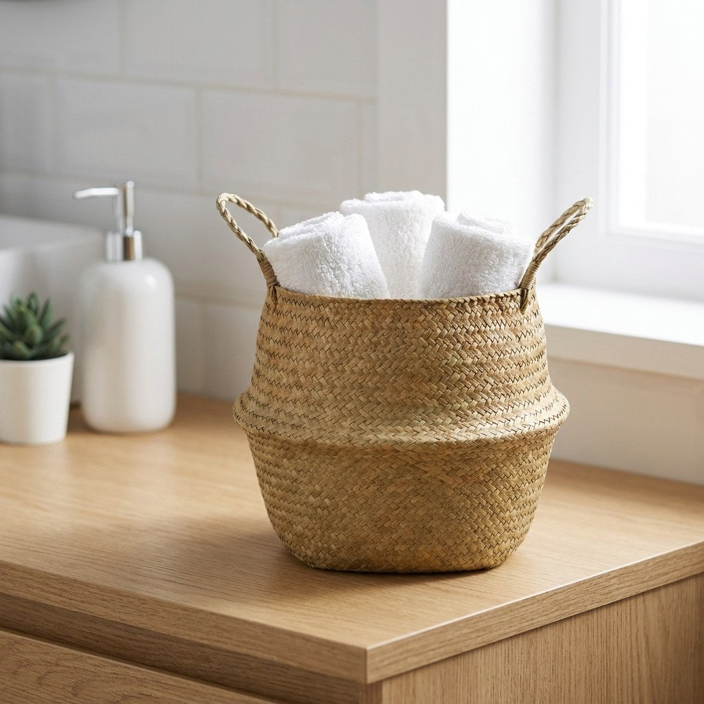Woven seagrass basket with a towel on a bathroom counter, Kiyo Home