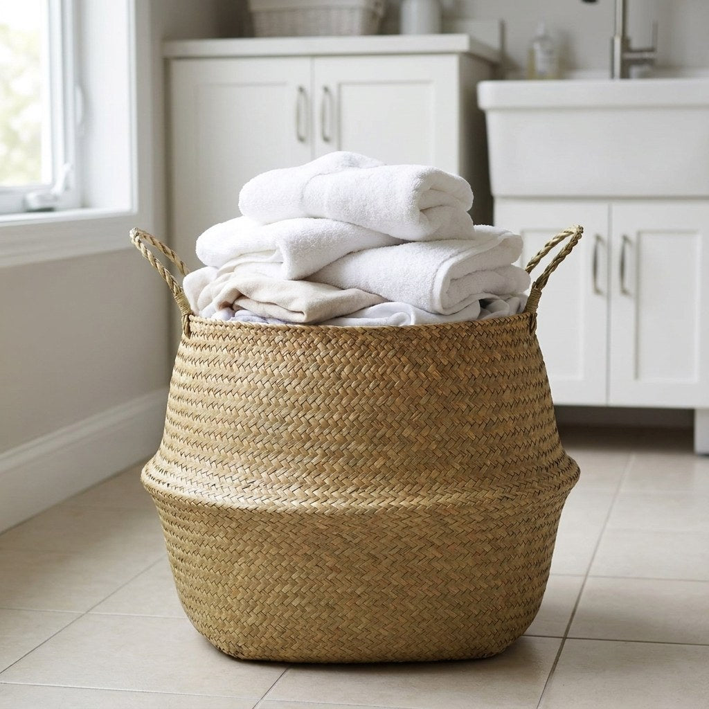 Woven seagrass basket with rolled towels in a bathroom, Kiyo Home