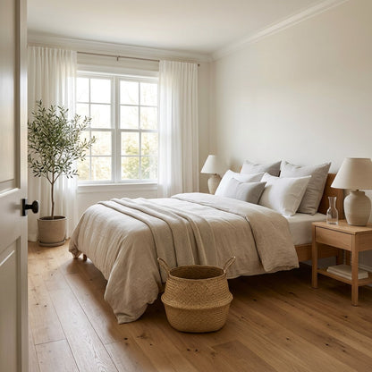 Woven seagrass basket on a bedroom floor, Kiyo Home