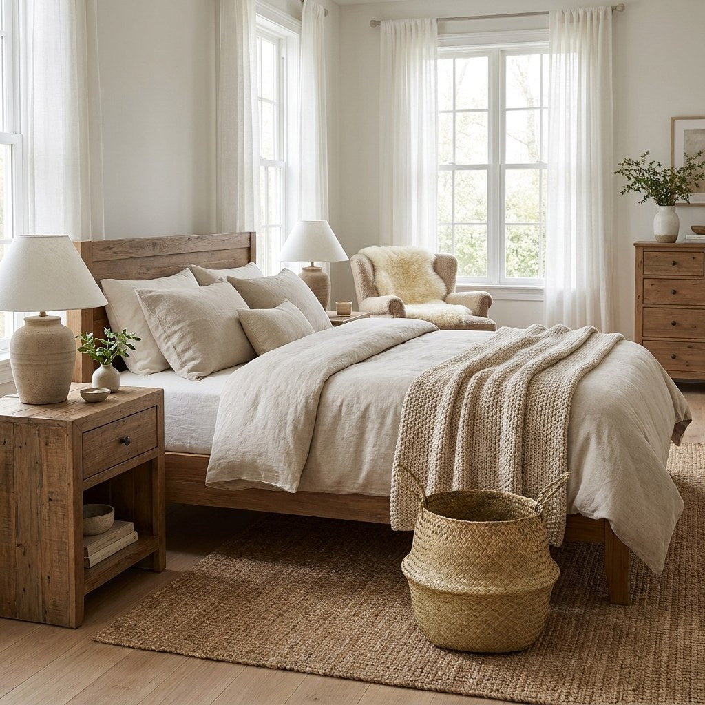 Woven seagrass basket in a bedroom, Kiyo Home