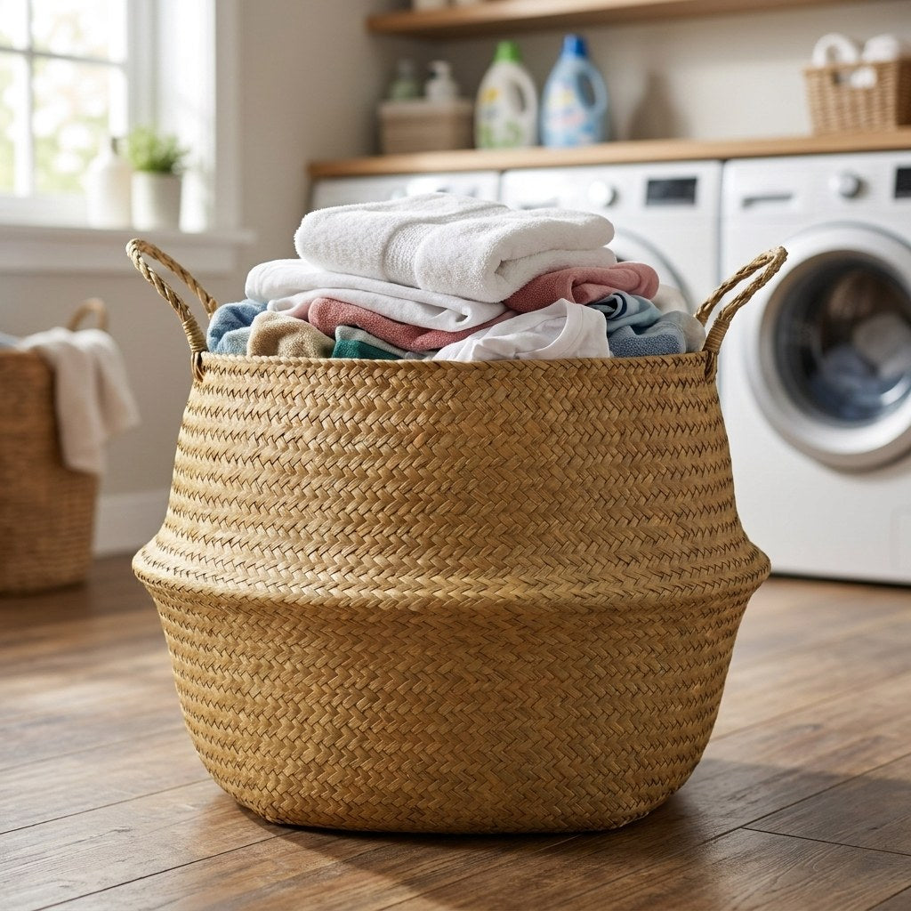 Woven seagrass basket holding laundry in a laundry room, Kiyo Home