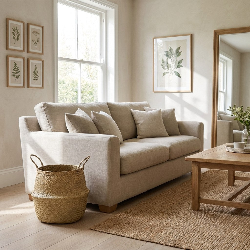 Woven seagrass basket styled in a living room, Kiyo Home