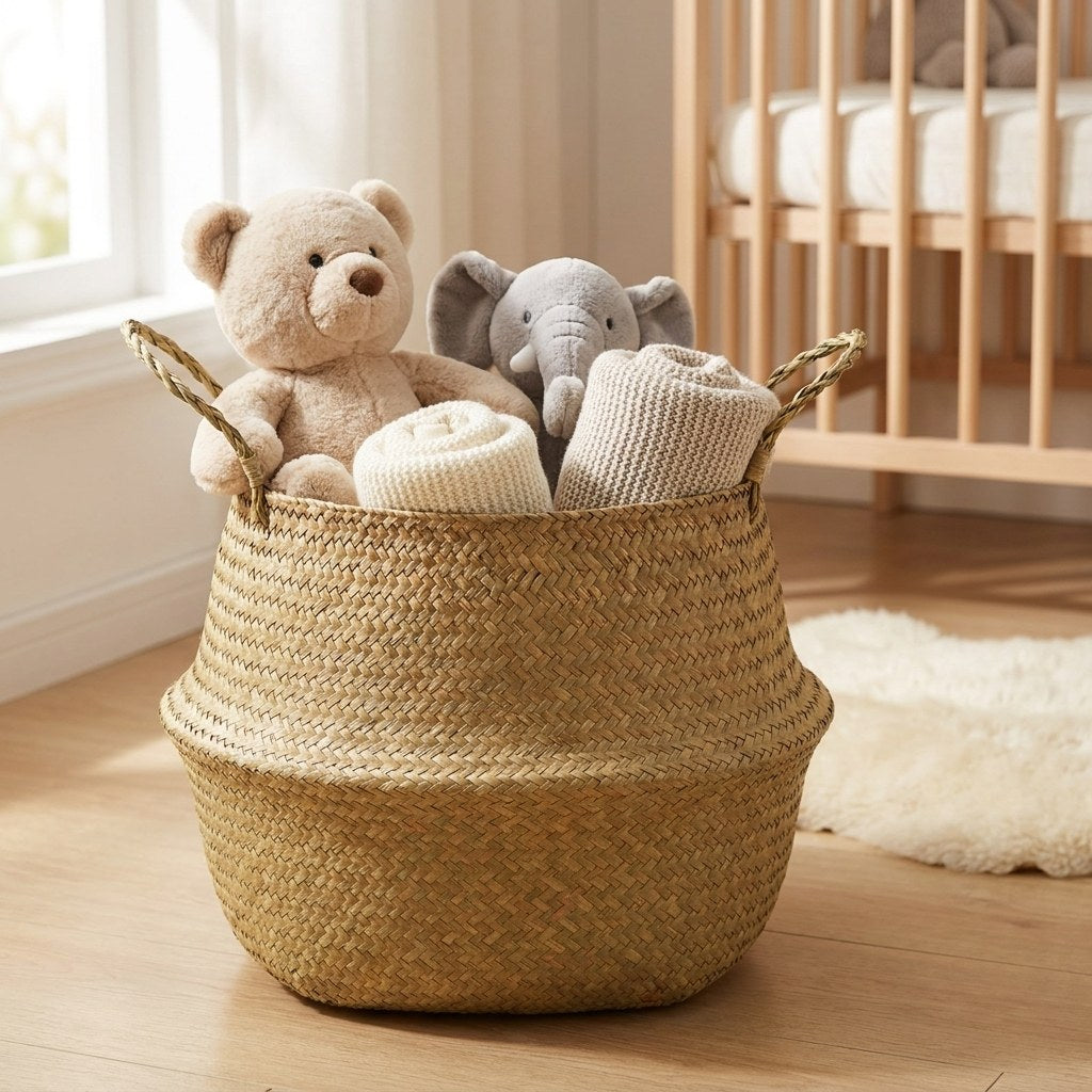 Woven seagrass basket holding toys in a nursery, Kiyo Home