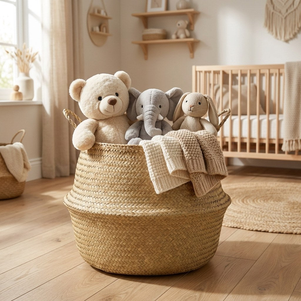 Woven seagrass basket with plush toys in a nursery, Kiyo Home