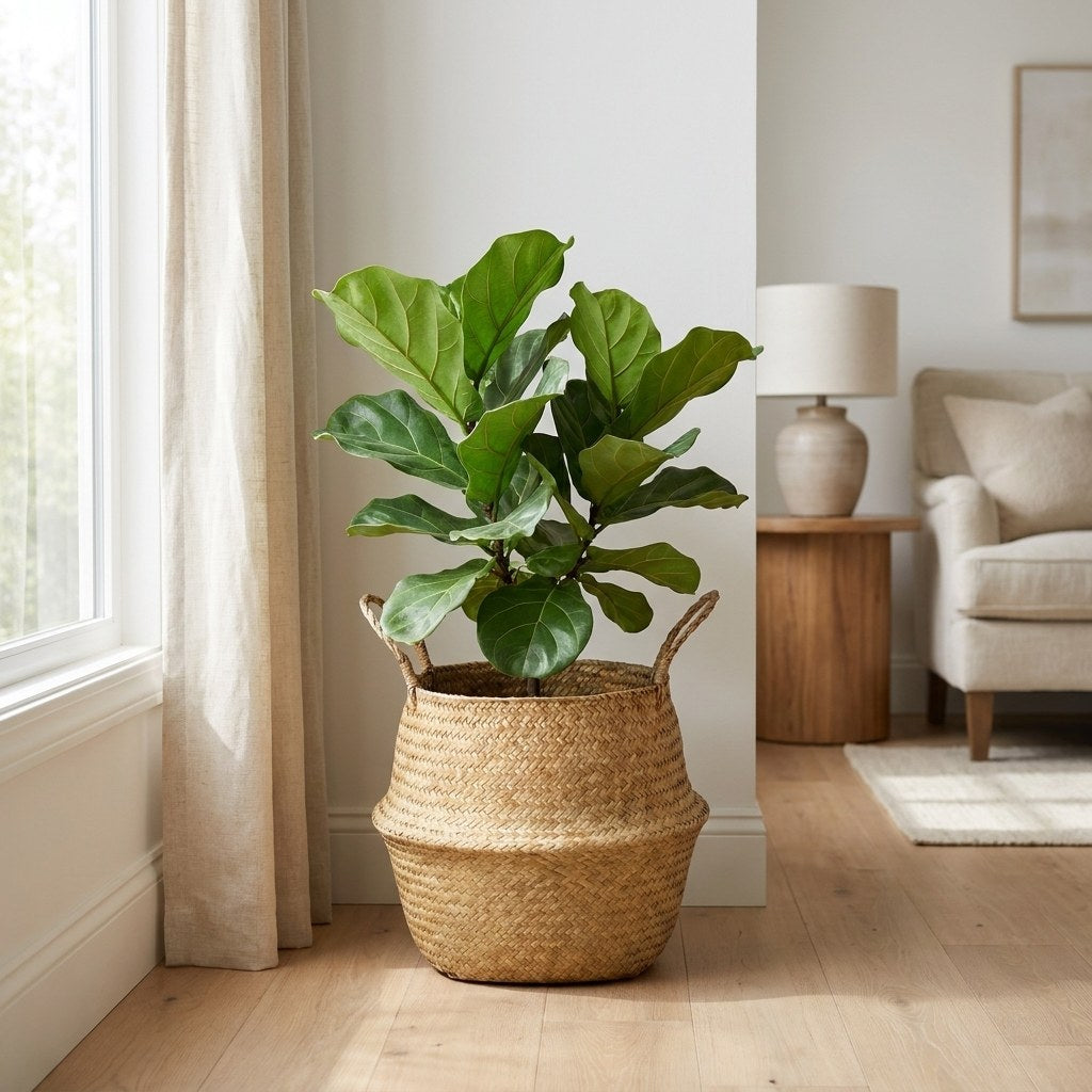Woven seagrass basket used as a fiddle leaf fig plant pot cover, Kiyo Home