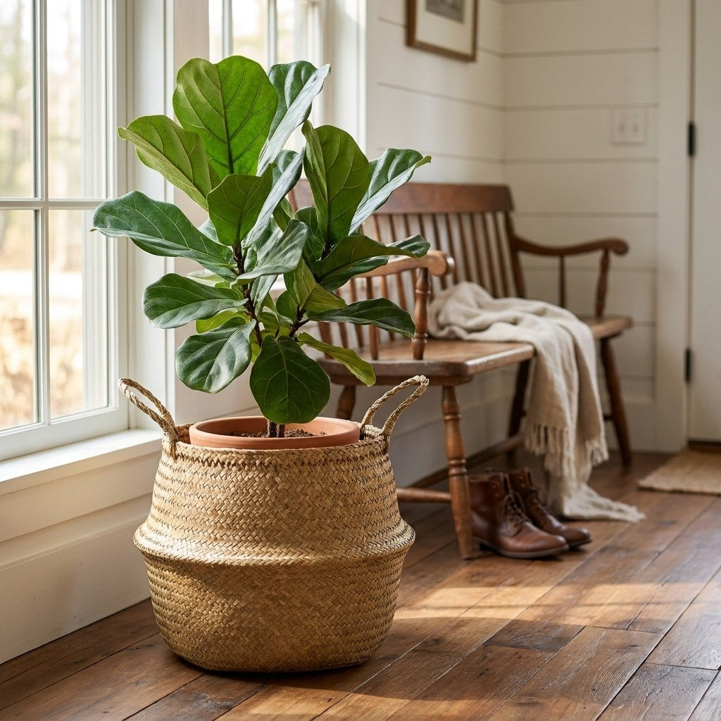 Woven seagrass basket as a plant pot cover in a living room, Kiyo Home