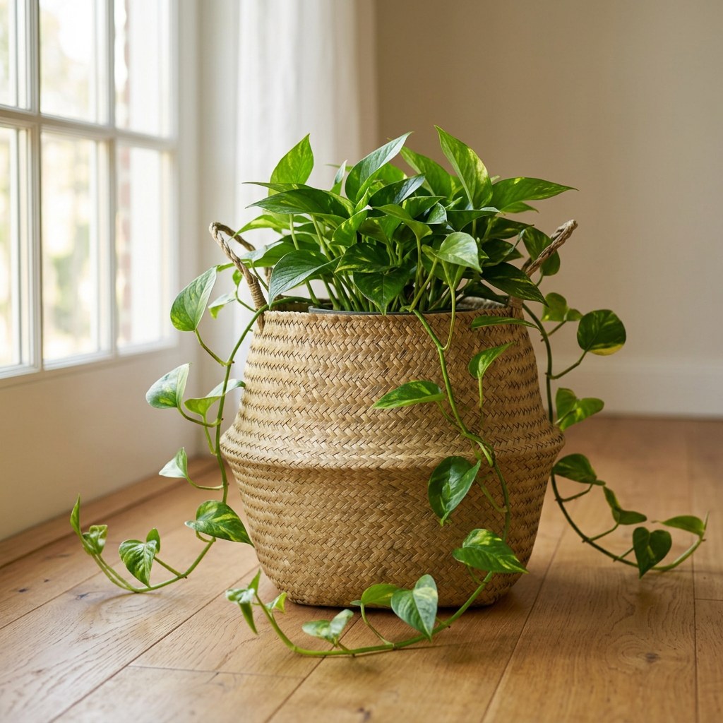 Woven seagrass basket used as a pothos plant pot cover, Kiyo Home