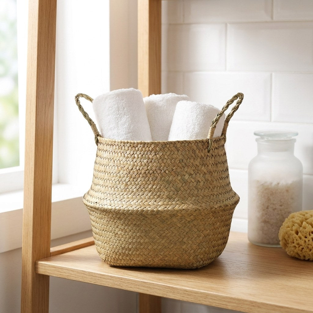 Woven seagrass basket with towels on a shelf, Kiyo Home