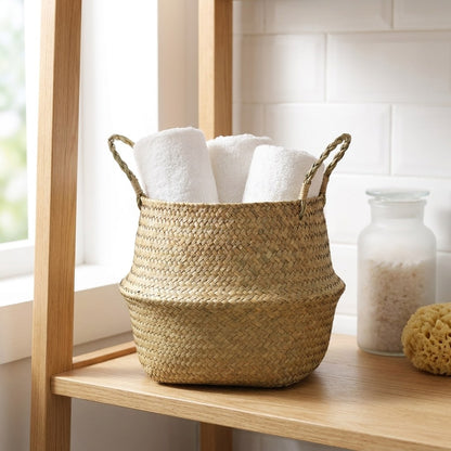 Woven seagrass basket with towels on a shelf, Kiyo Home