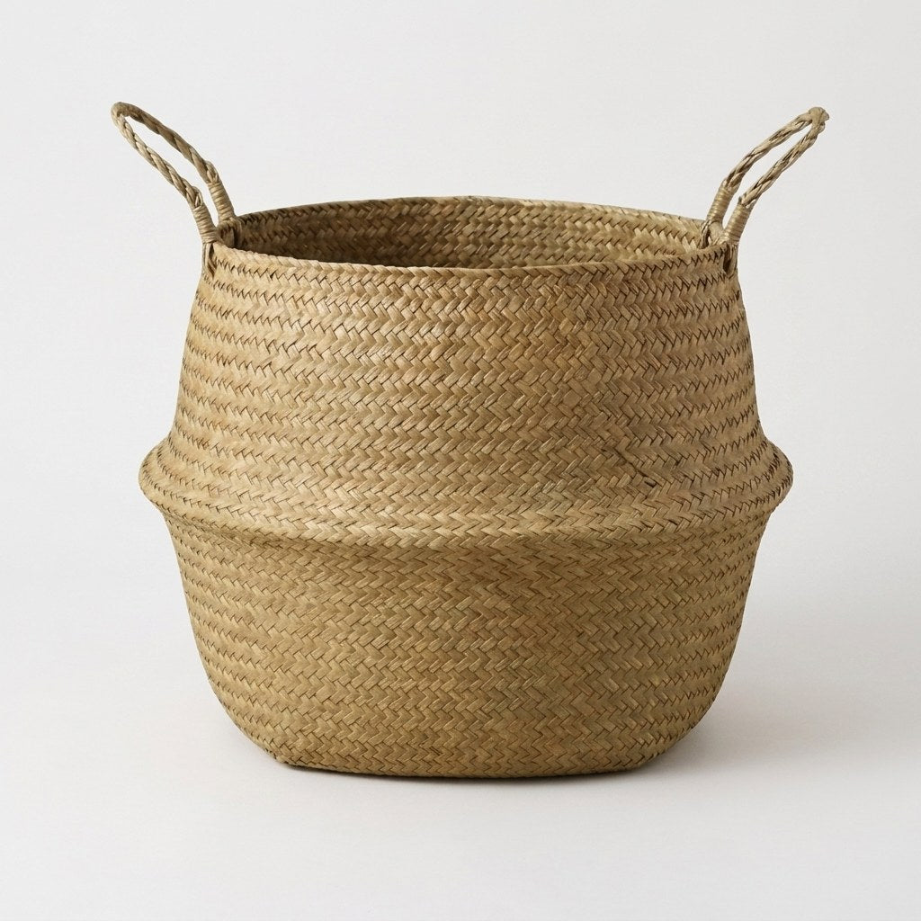 Woven seagrass belly basket with handles, natural storage basket, Kiyo Home