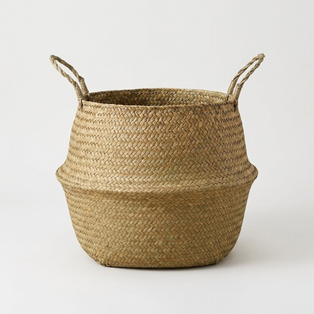 Woven seagrass belly basket, natural handwoven storage basket, Kiyo Home