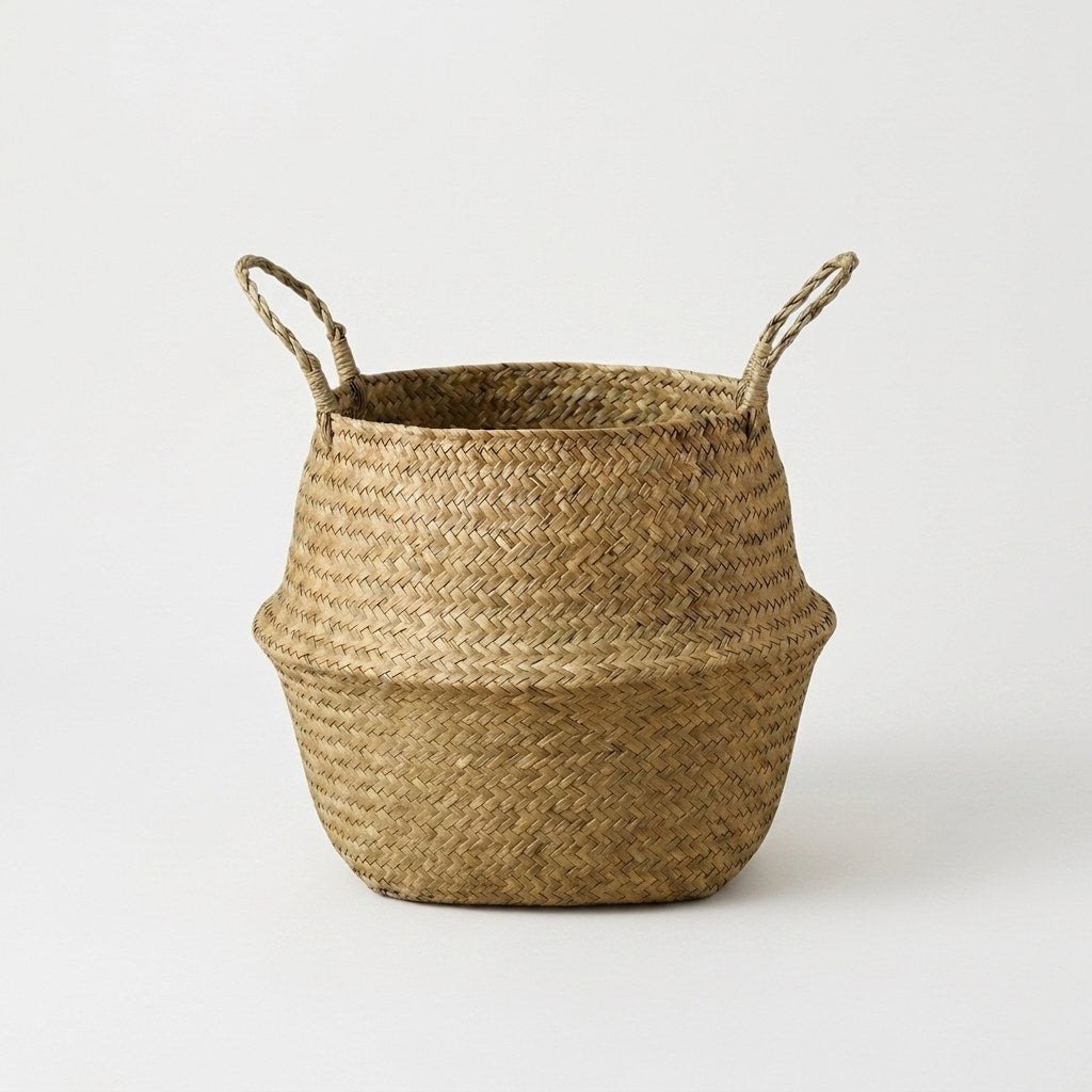 Woven seagrass belly basket with the top cuff folded open, Kiyo Home