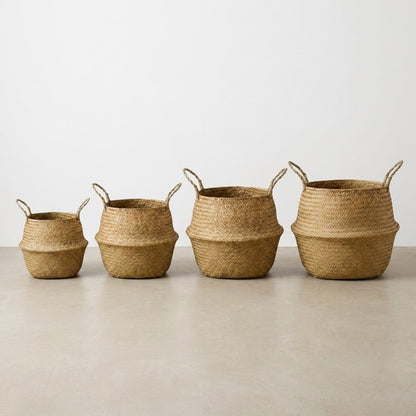Woven seagrass baskets in all four sizes lined up, Kiyo Home