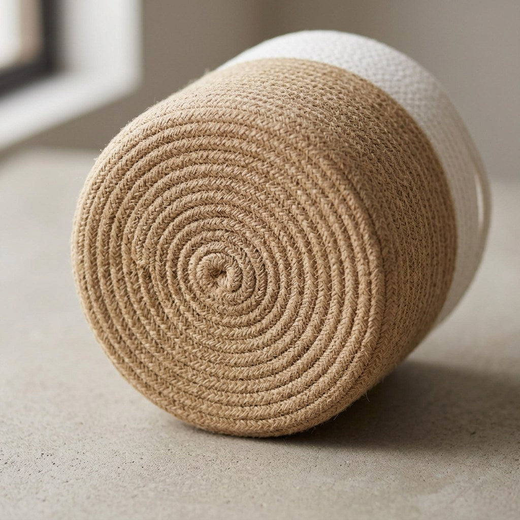 Close-up of the Woven Storage Basket's coiled rope base construction in tan with a white rim
