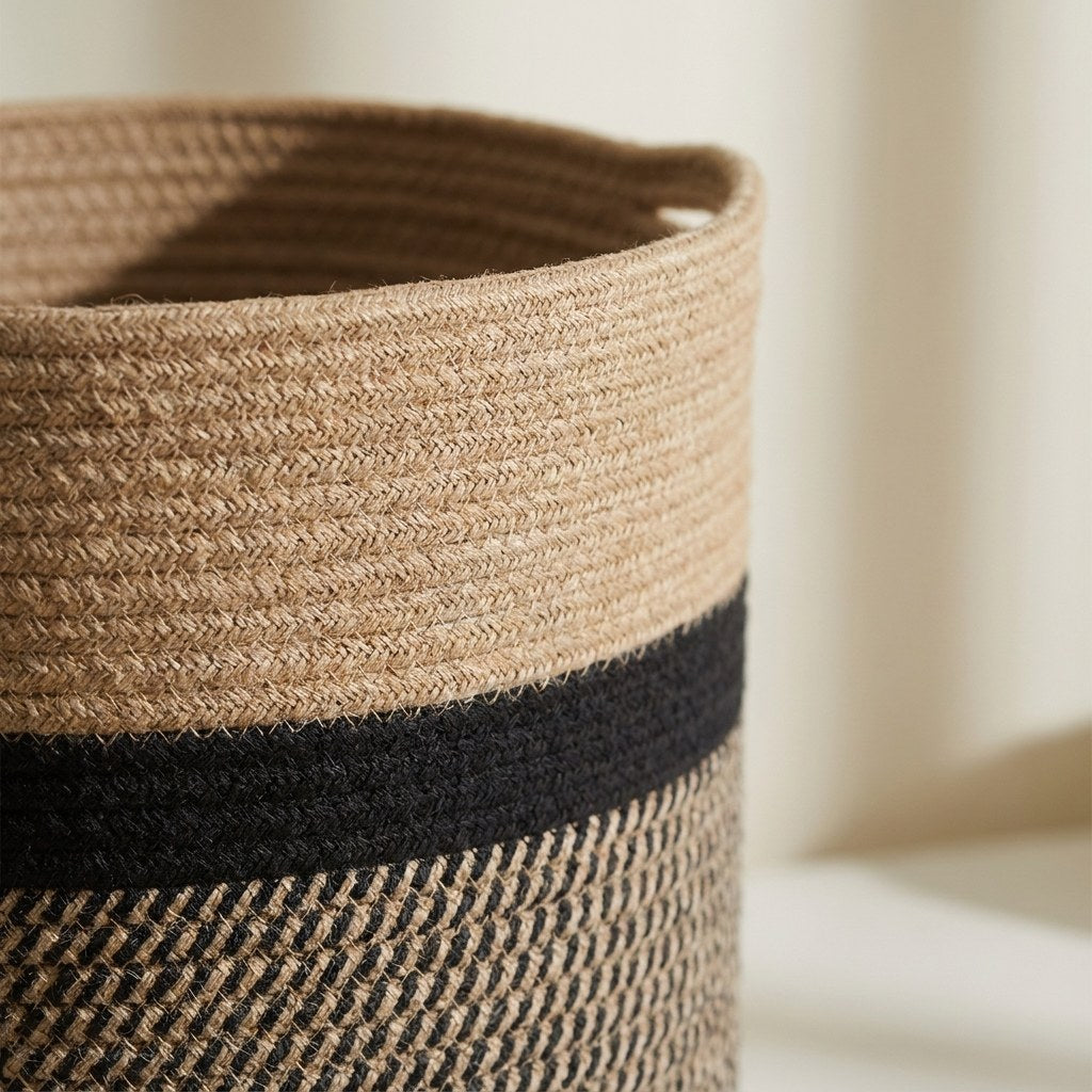 Close-up of the Woven Storage Basket's cotton rope weave, showing the tan body, black accent band, and tan-and-black textured base