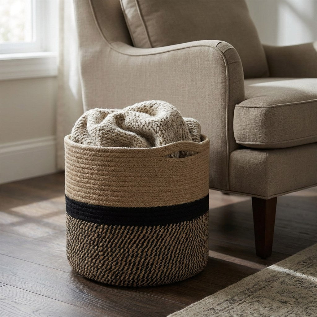 Black and tan Woven Storage Basket holding a folded knit throw blanket beside an armchair