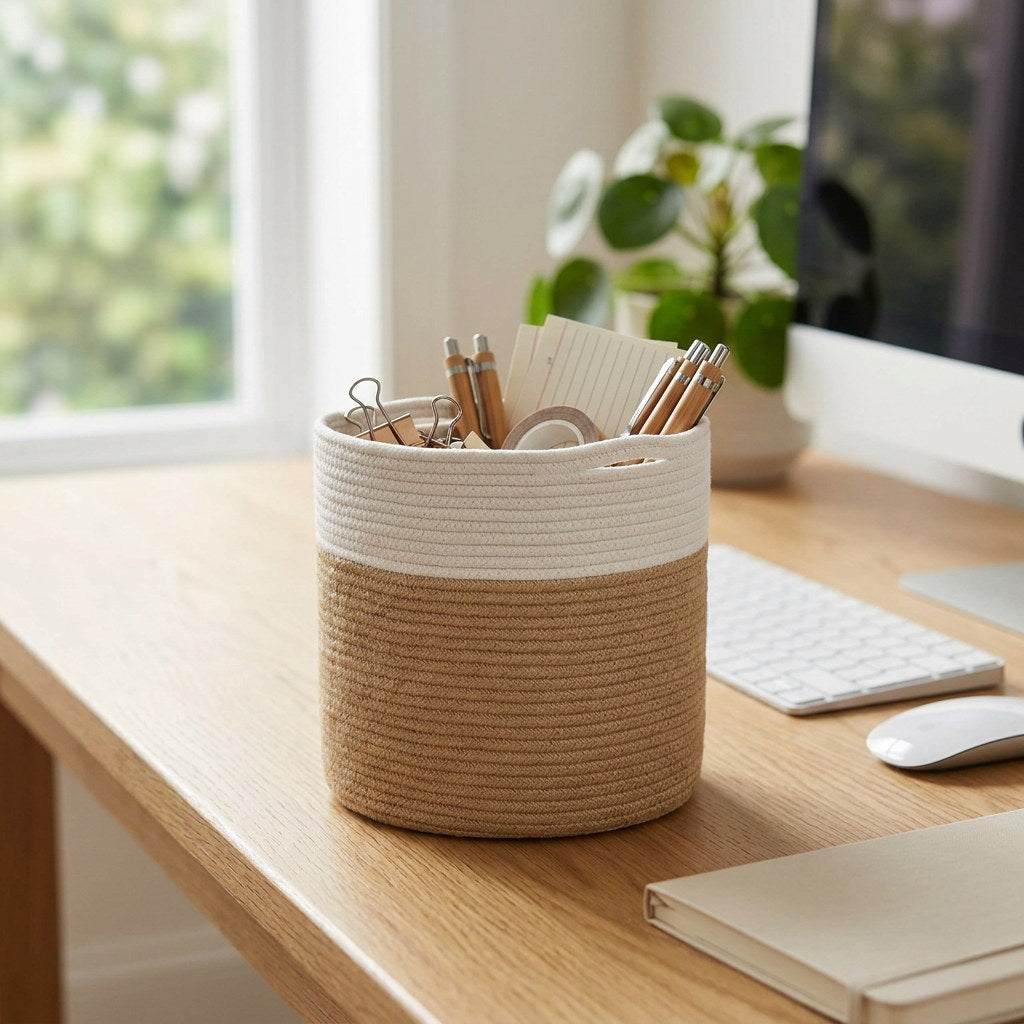 White and tan Woven Storage Basket holding office supplies on a desk