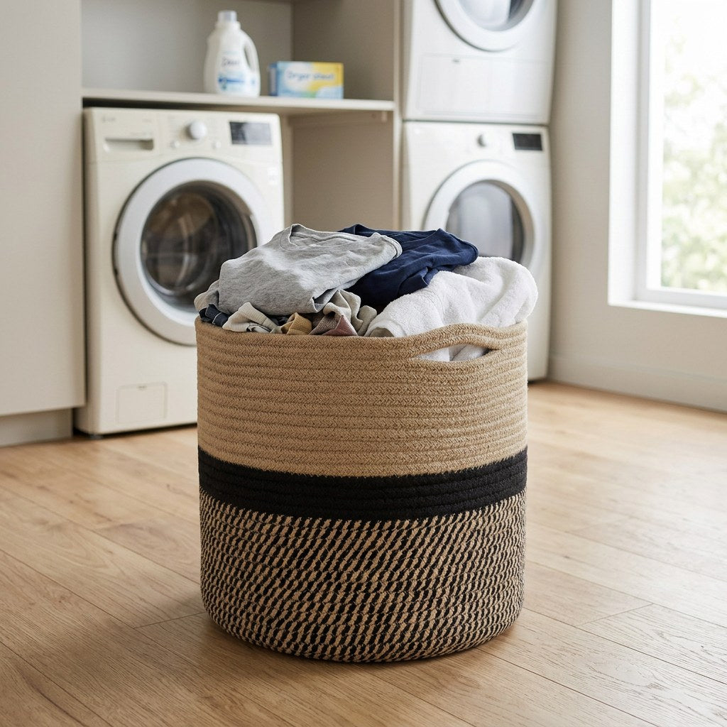 Black and tan Woven Storage Basket filled with laundry in front of a washer and dryer