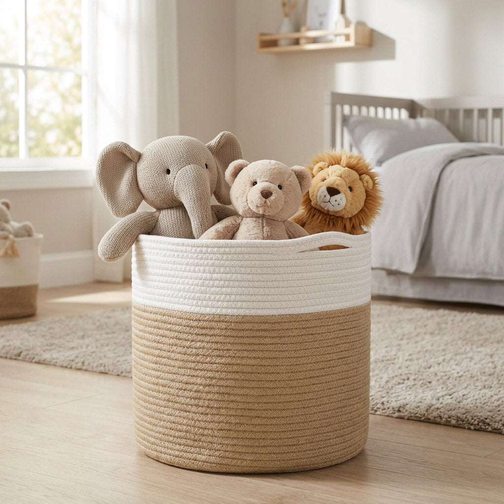 White and tan Woven Storage Basket holding stuffed animal toys in a nursery