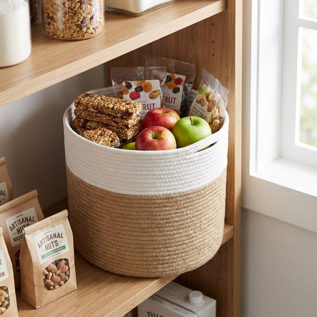 White and tan Woven Storage Basket holding snacks and dried fruit on a pantry shelf
