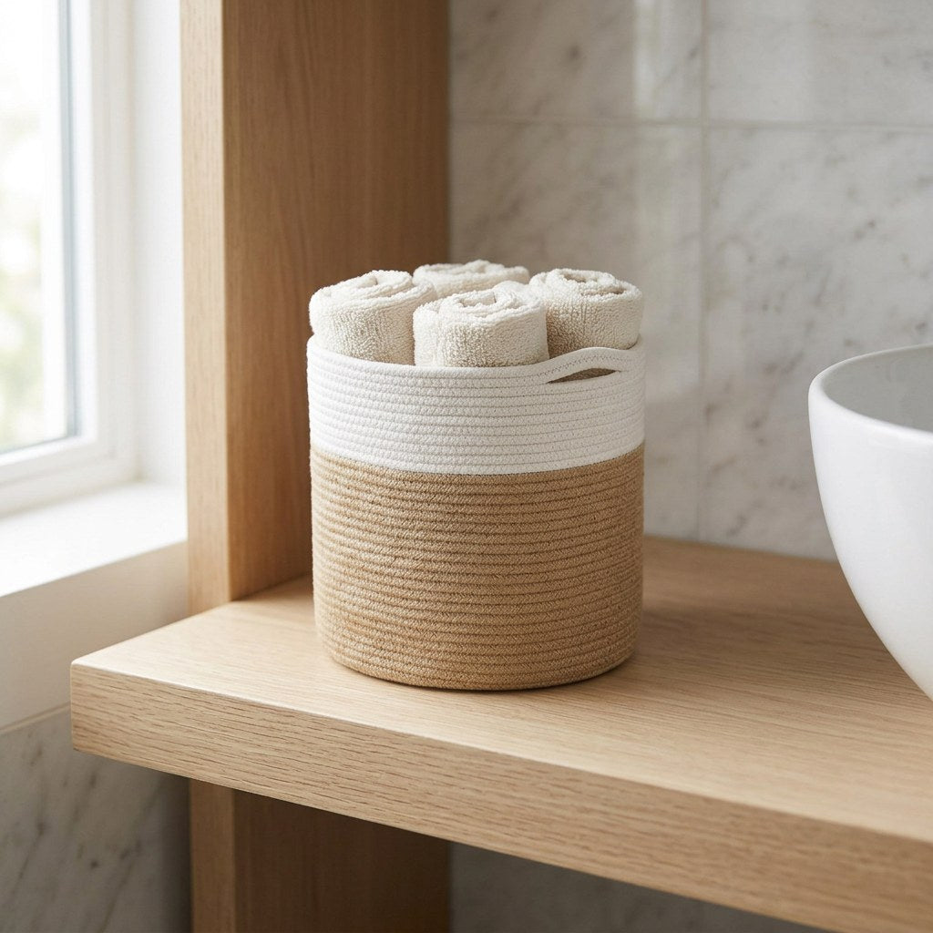 White and tan Woven Storage Basket holding rolled towels on a bathroom shelf