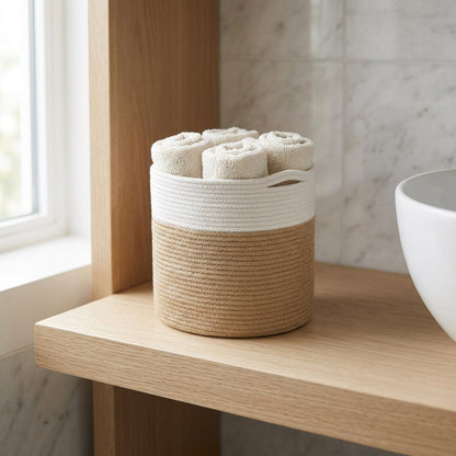 White and tan Woven Storage Basket holding rolled towels on a bathroom shelf