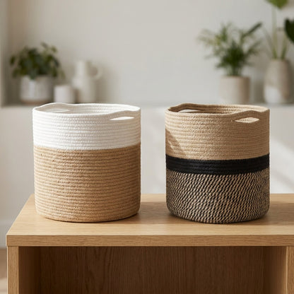 White and tan and black and tan Woven Storage Baskets displayed side by side on a wood console table