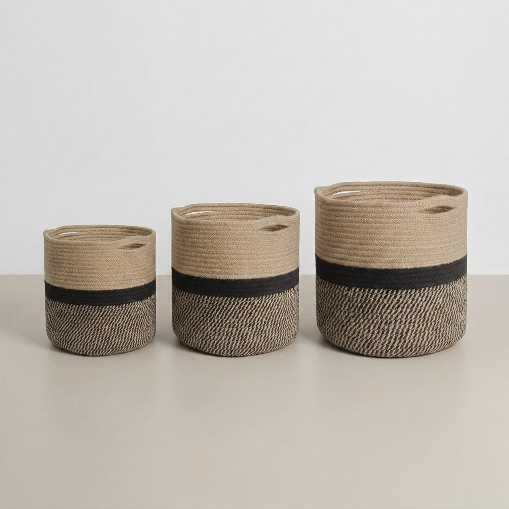 Woven Storage Baskets in black and tan shown in small, medium, and large sizes side by side on a tabletop