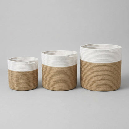 Woven Storage Baskets in white and tan shown in small, medium, and large sizes side by side
