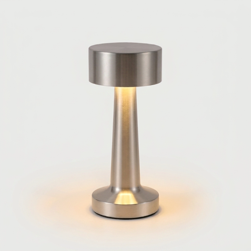Zain cordless rechargeable table lamp in silver on white background