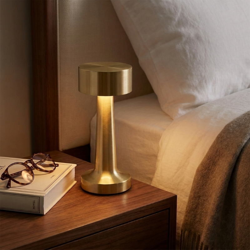 Zain cordless rechargeable table lamp in gold on bedside table with book
