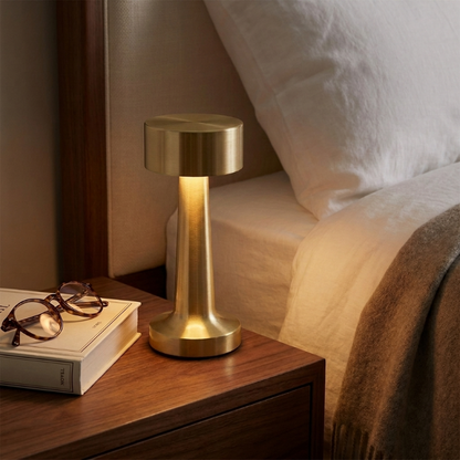 Zain cordless rechargeable table lamp in gold on bedside table with book