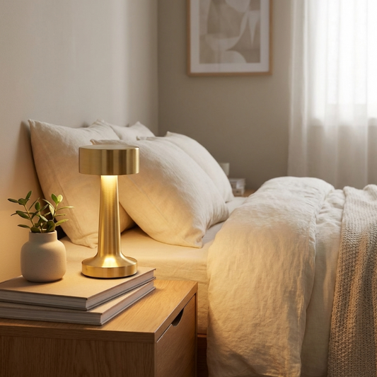 Gold table lamp on a wooden nightstand next to a bed with white bedding.