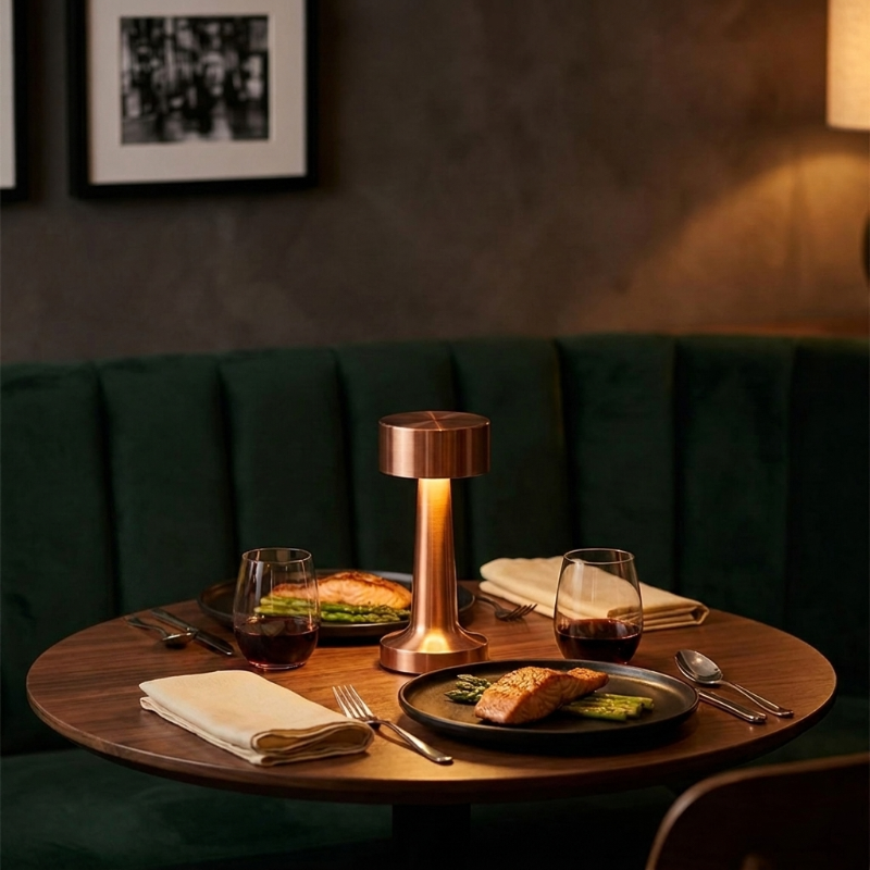 Zain cordless rechargeable table lamp in black on dining table in moody setting