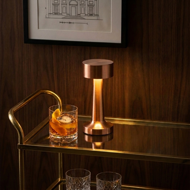 Zain cordless rechargeable table lamp in rose gold on side table in warm lighting