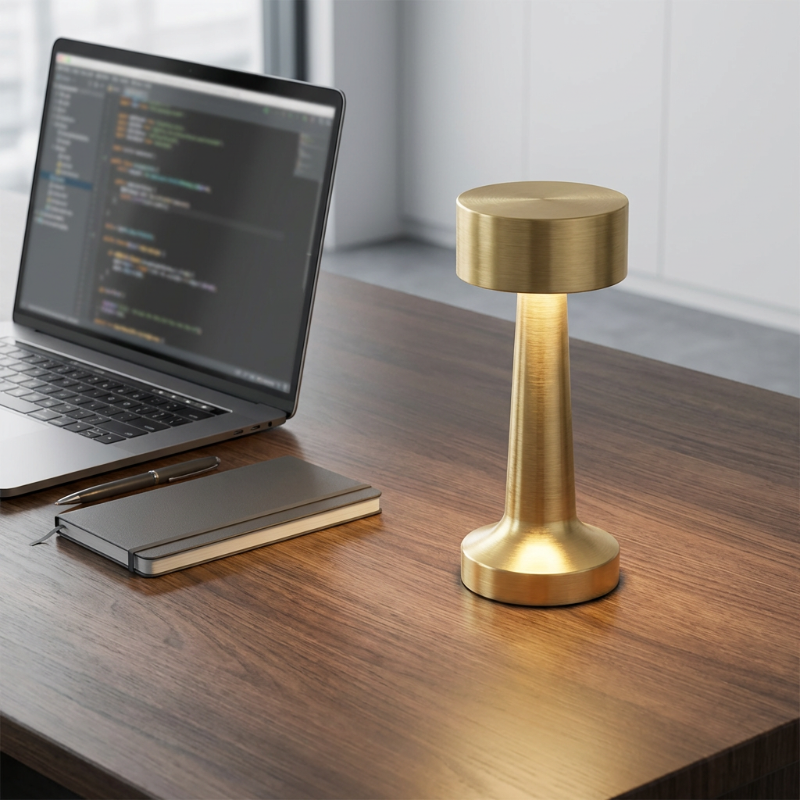 Zain cordless rechargeable table lamp in gold on desk beside laptop