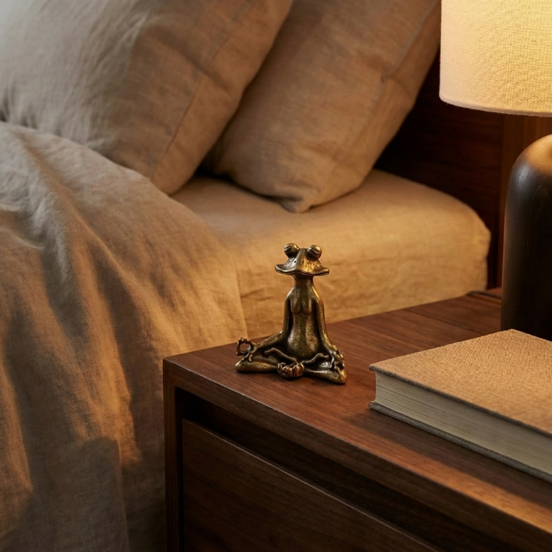 Zen frog figurine styled on bedside table with books