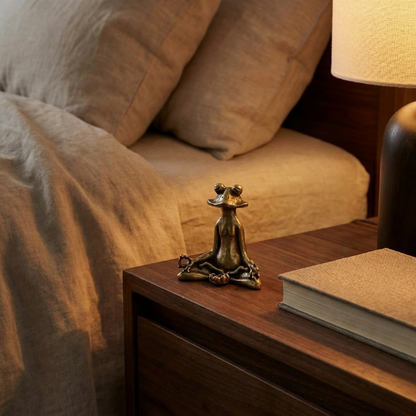 Zen frog figurine styled on bedside table with books