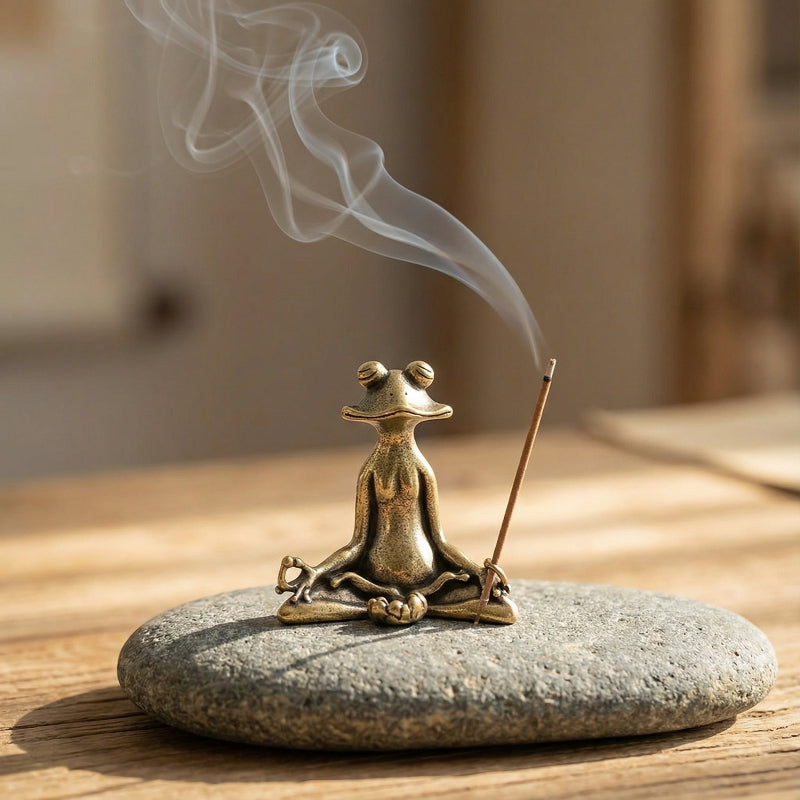 Bronze frog incense burner with smoking incense on a stone base