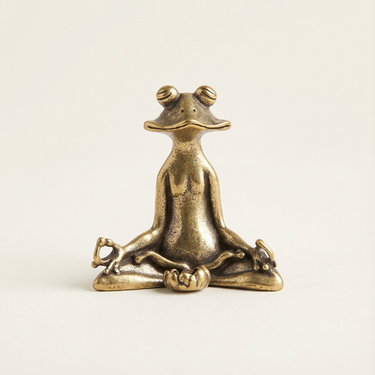 Bronze frog statue in a meditative pose on a light beige background