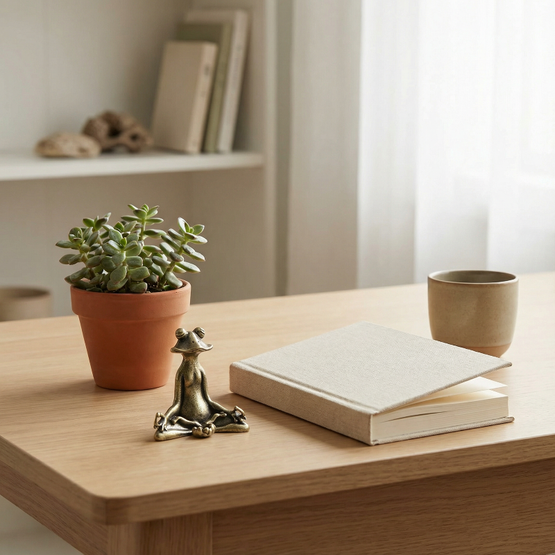 Decorative items including a potted plant, a book, and a small statue on a wooden surface.